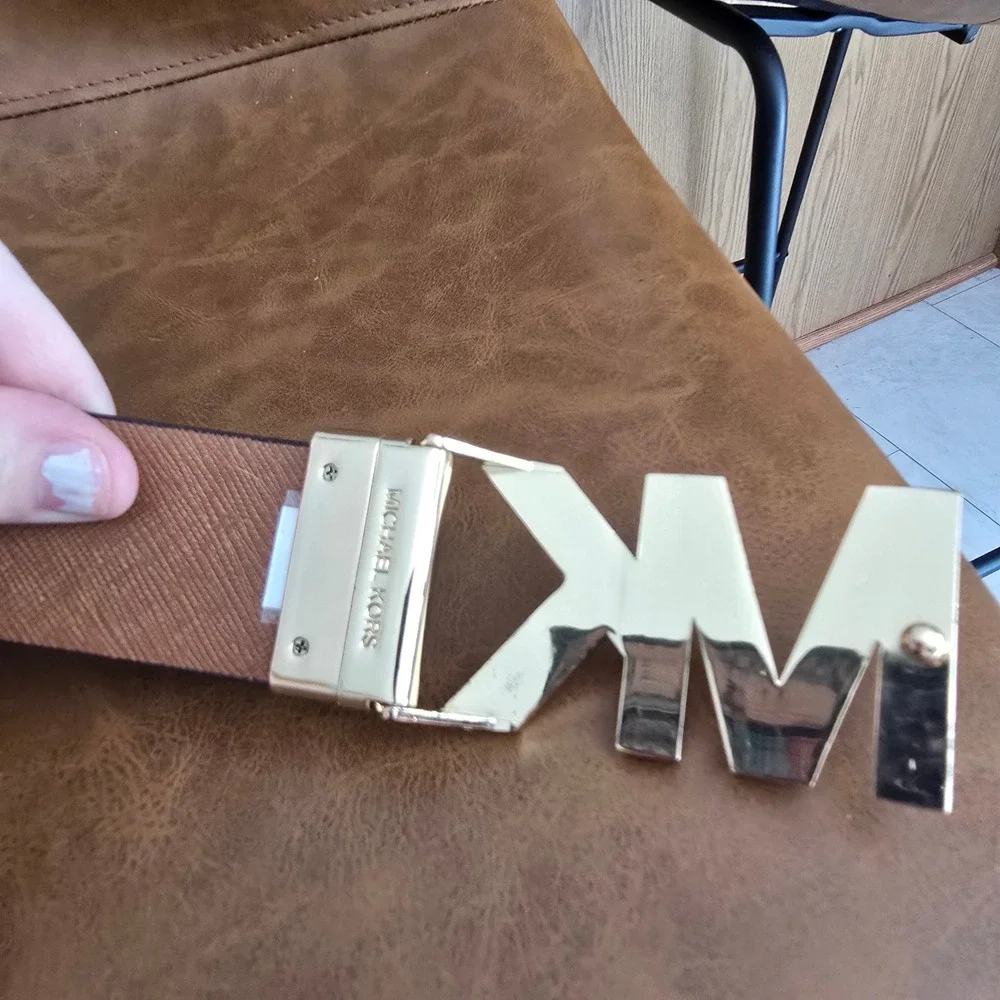 Michael Kors Reversible MK Logo Belt Gold Buckle Monogram Tan Saffiano 33-37